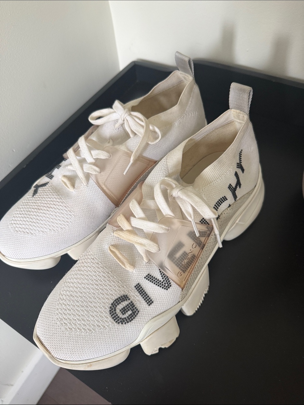 Givenchy Cream Knit Lace-Up Logo Sneakers with Black Accent